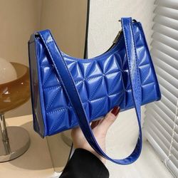 Shein Quilted Pattern Baguette Shoulder Bag Purse Blue Diamond Grid Zipper