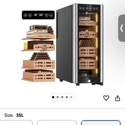 LIHTUN 35L Electric Cigar Humidor Cabinet with Light for 250 Cigars, Thermoelectric Cooling, Adjustable Temp and Humidity, Digital Display, 4 Removabl