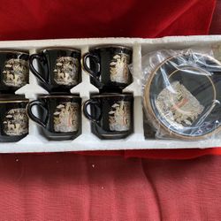 Handmade In Greece 24k Black & Gold Ceramic Cup & Saucer Set Imported From Greece
