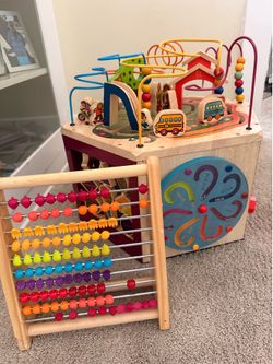 Wooden activity cube and fruit abacus