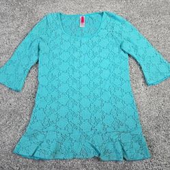 Betsey Johnson Top Womens Medium Blue Lace Sheer Trumpet Sleeve Tunic Blouse
