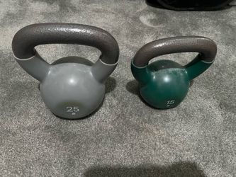 Two pre owned Kettle weights 25lb and 15 lb
