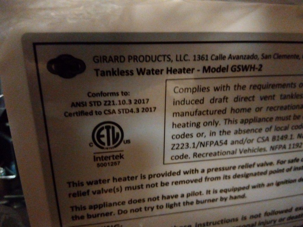Girard Tankless Water heater (GAS)