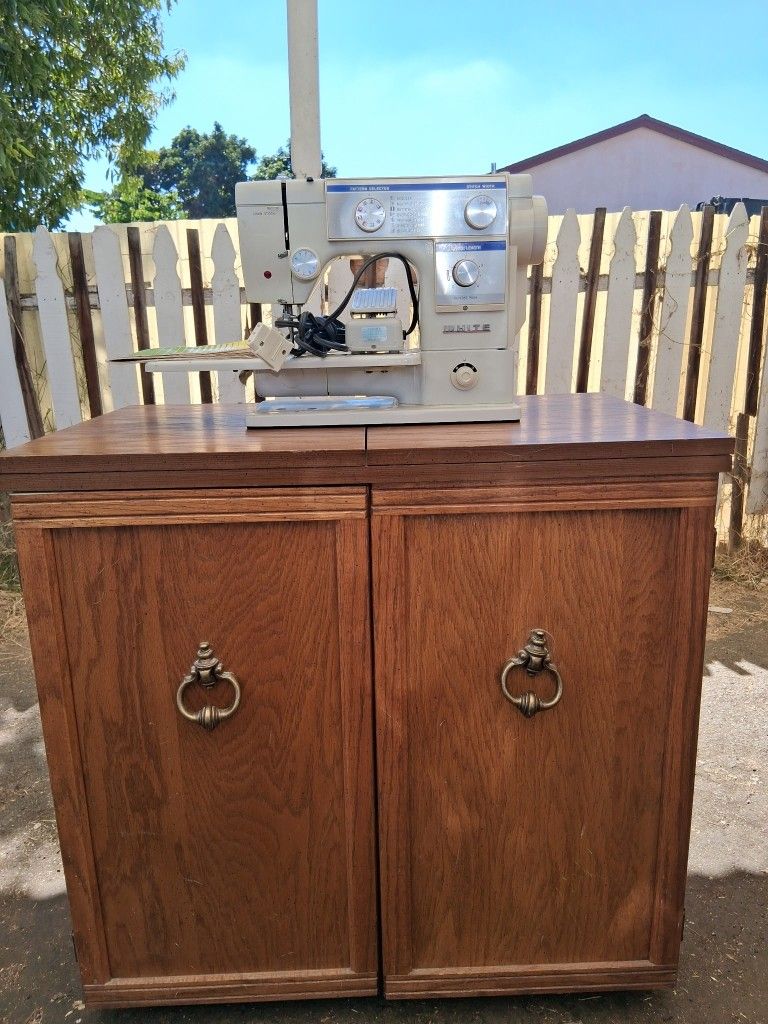 White Sewing Machine & Cabinet Full Of Stuff
