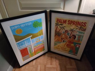 Pair of Fun Colorful Retro Palm Springs Wood Framed Prints 