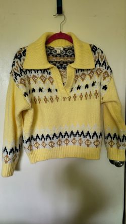 a.n.a Medium Yellow Fair Isle Knit Collar Johnny Neck Sweater Long Sleeve Pullover