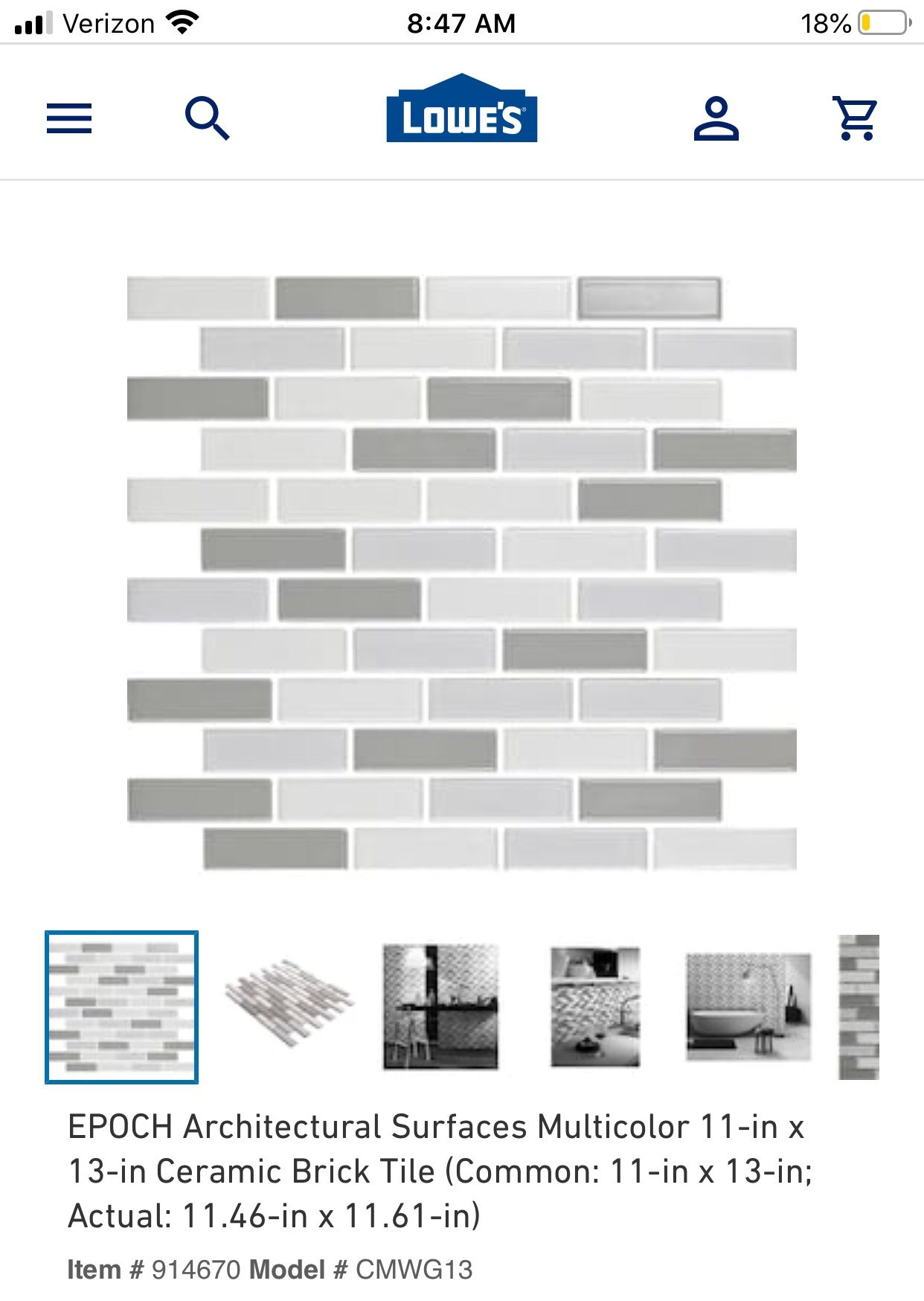 Mosaic / EPOCH Architectural Surfaces Multicolor 11-in x 13-in Ceramic Brick Tile (Common: 11-in x 13-in; Actual: 11.46-in x 11.61-in) Item # 914670