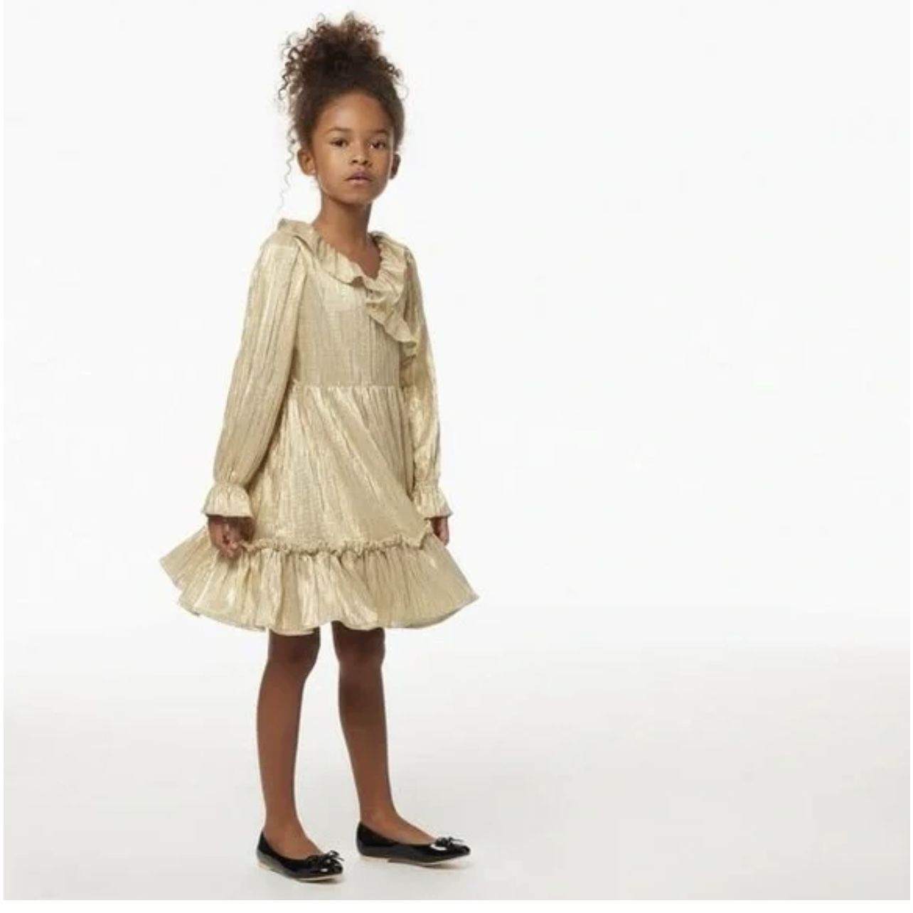 Janie & Jack Plisse Gold Metallic Long Sleeve Ruffle Pleated Dress Girl 3T