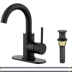 Single-Handle Bathroom Sink Faucet, Swivel Spout, with Pop-up Drain with Overflow and Supply Hose, Bar Sink Faucet,Small Kitchen Faucet Tap, Matte Bla