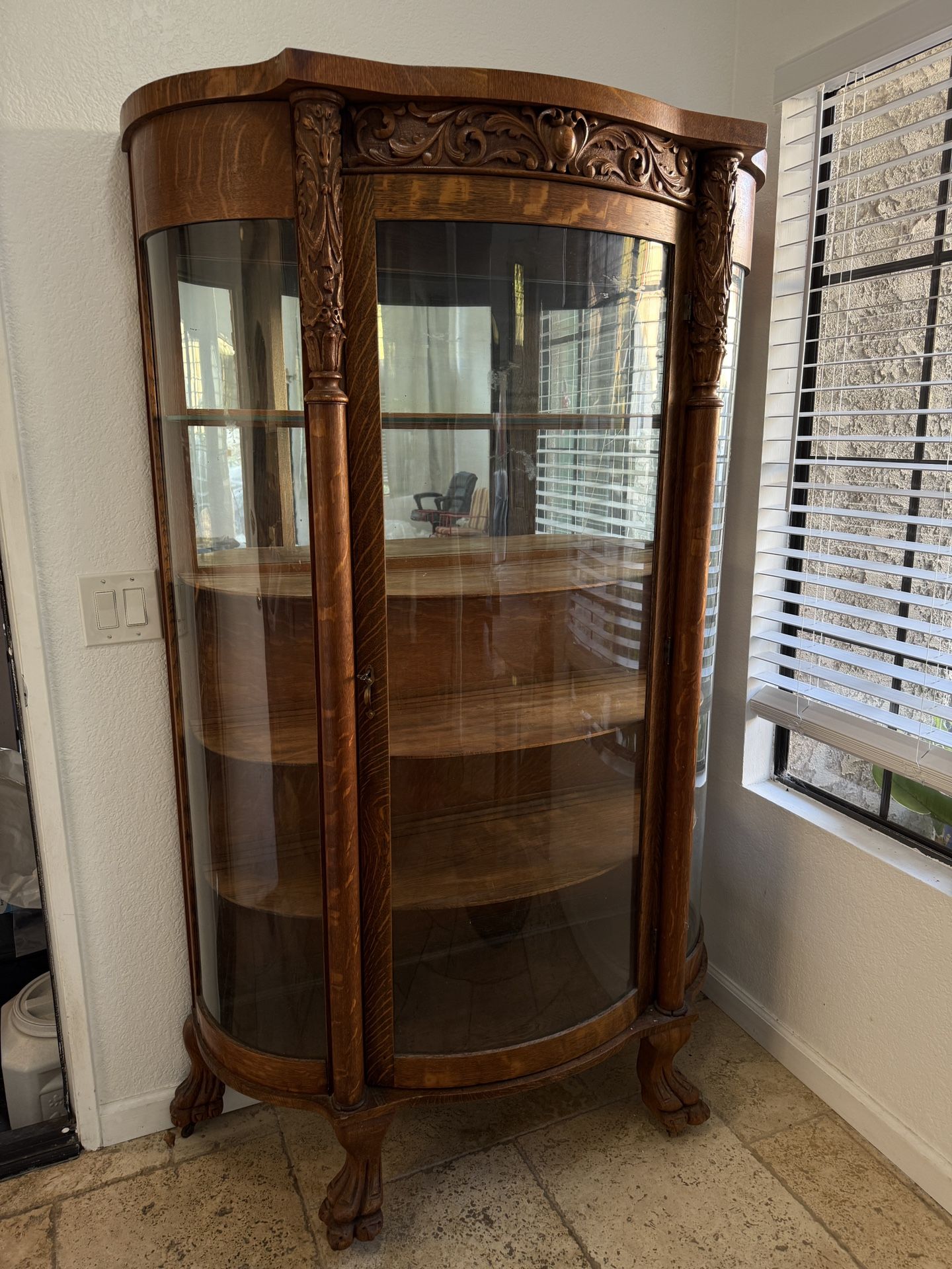 Antique Old Oak Hand Carved Glass Cabinet 