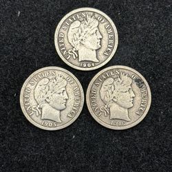 Set of 3 Different F Grade Barber Silver Dimes -- BETTER GRADE COINS!