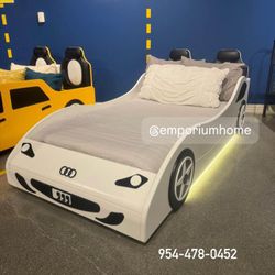 White LED Twin Boy Kid Car Bed 