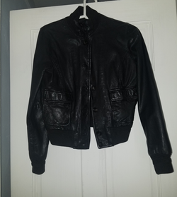 Women black leather button jacket OBO