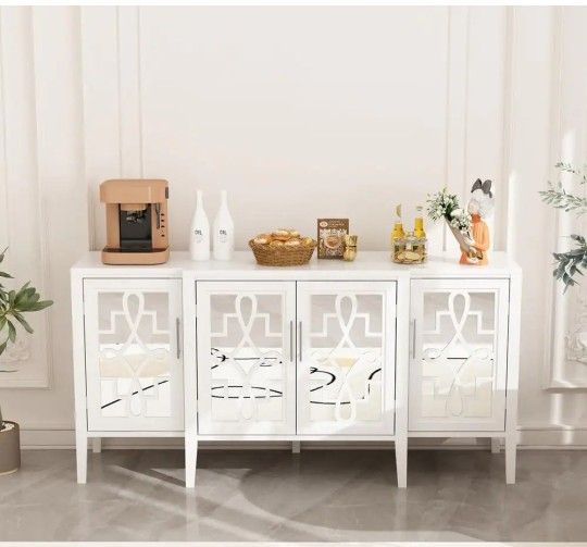 FUFU&GAGA
White Wooden Accent Storage Cabinet, Sideboard, Dresser with 6-Shelves and 4-Mirrored Doors