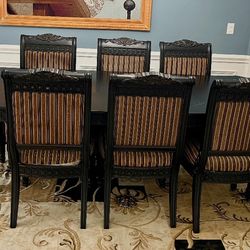 Traditional Dark Wood Dining Table Set With Upholstered Chairs