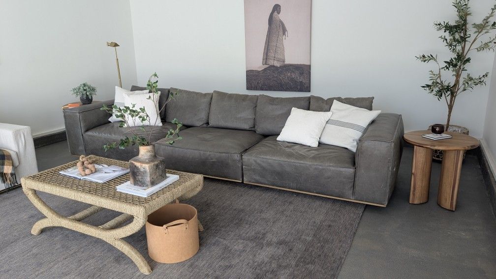 Restoration Hardware Italian Berkshire Leather Modular Couch Loveseat Sofa, 3 Pieces, Removable Back Cushions, Teak Wood Base, Down Feather Retail $20