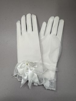 White Bridal Gloves – Satin with Bow and Lace Trim, New