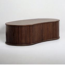 Oslo Oak coffee Table, Modern Oval Wooden Center Table with Vertical Groove Design, 59x18X15 inch 