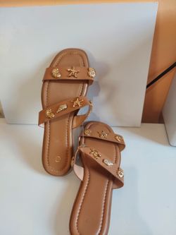 Tan Slide Sandals with Gold Sea Charms