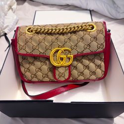 GUCCI GG Marmont GG Canvas Leather Stylish Chain Crossbody Shoulder Bag Brown Red