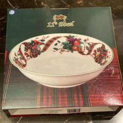William James Fine Stoneware Large Serving Bowl Christmas Ribbon 11" Vintage
