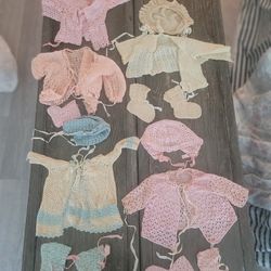 Vintage Handmade Knit Crochet Baby Infant Sweater, Hat And Booties Outfit Pink Blue White