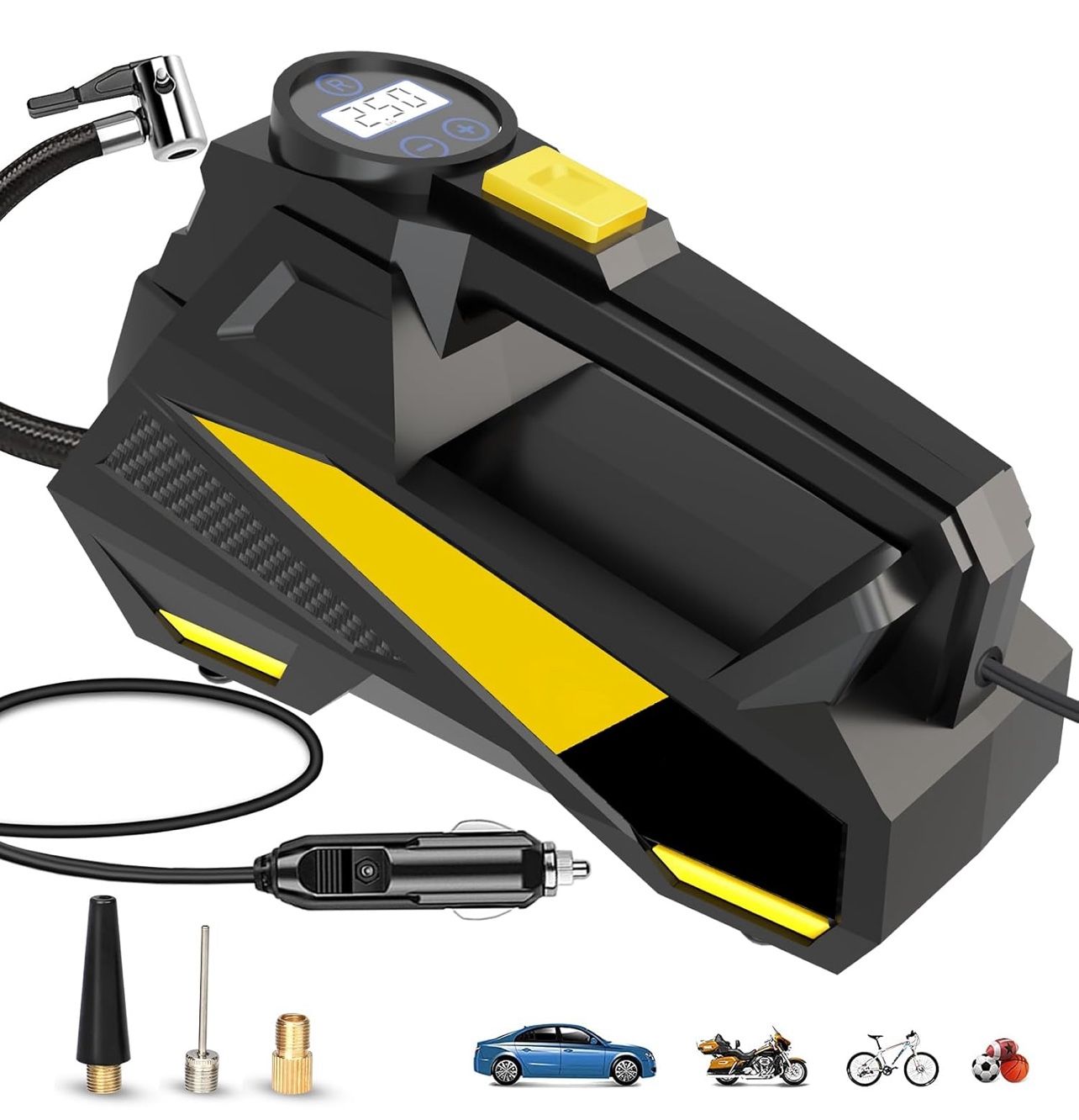 Portable Tire Inflator Air Compressor, 150PSI 12V DC Auto Pump with LED Digital Pressure Gauge & Emergency Light for Car Tires, Motorcycles, Bikes, Ba