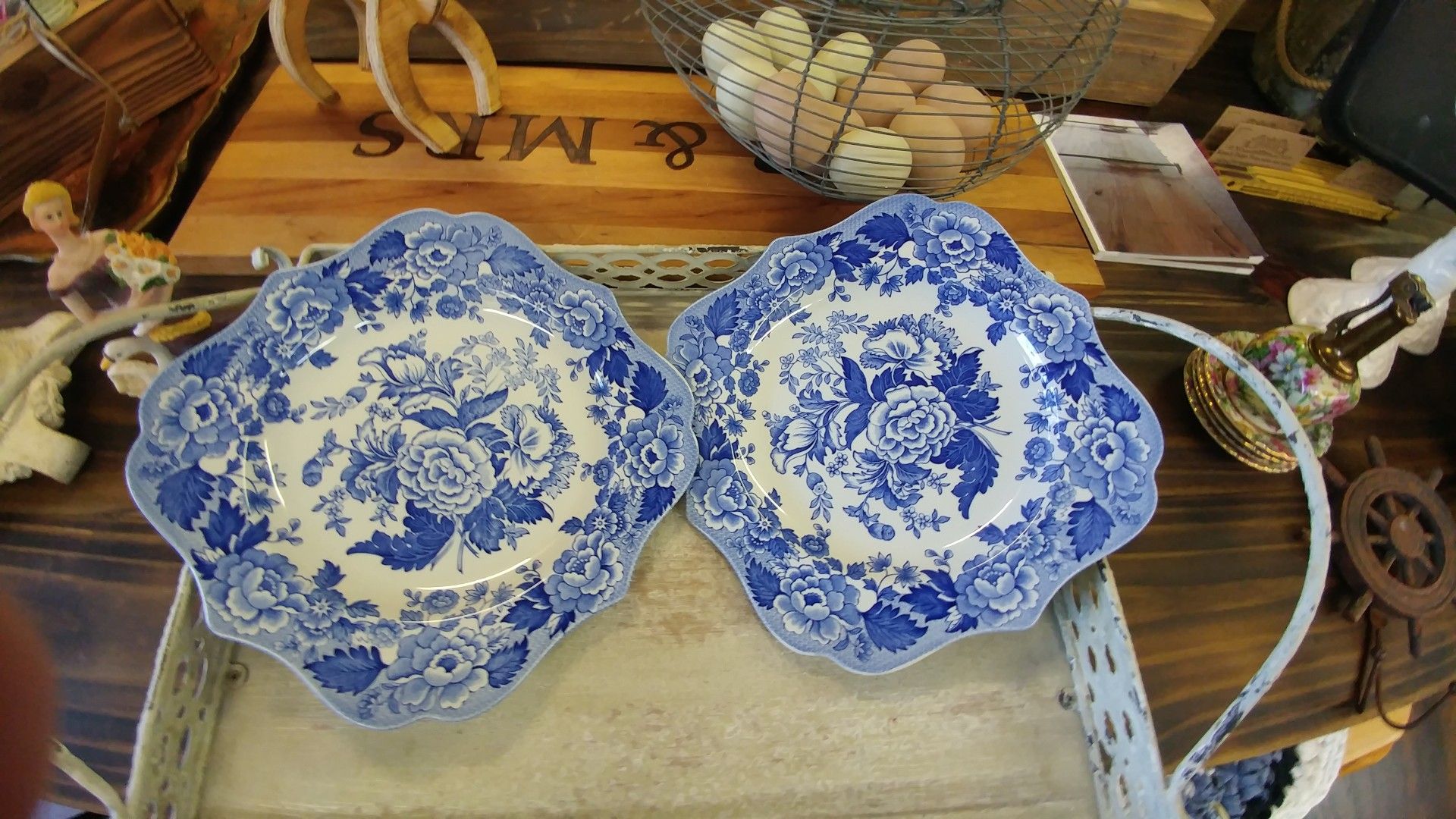 Two blue spode plates