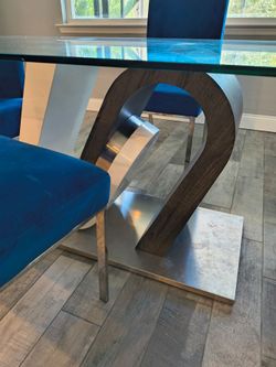 Glass Top Dining Table with Wood and Metal Base