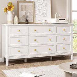 1433b White Dresser for Bedroom with 9 Drawers, Modern Wide Chest of Storage Drawer with Gold Handles, TV Stand Dresser, Wood Dressers for Bedroom, Li