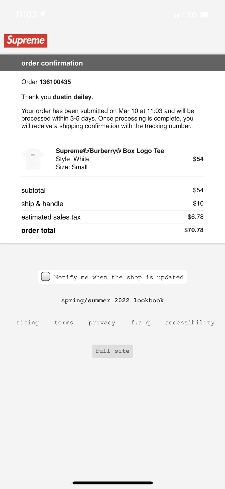 Supreme Burberry Box logo Size Small