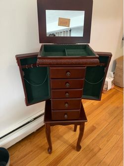 Elegant Standing Wooden Jewelry Armoire with Mirror – Dark Cherry Finish