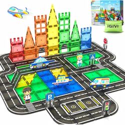 104 PCS Magnetic Tiles Road Set, STEM Construction Toys for Kids Ages 3-5 5-7 4-8, Magnet Building Blocks for Toddler Toys Games, Christmas Birthday G