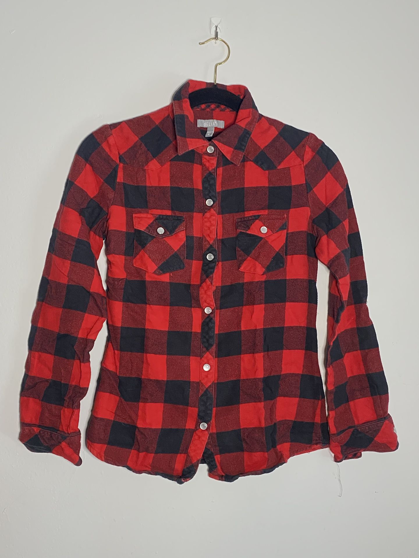 red plaid snap button flannel (dELiA*S, medium)