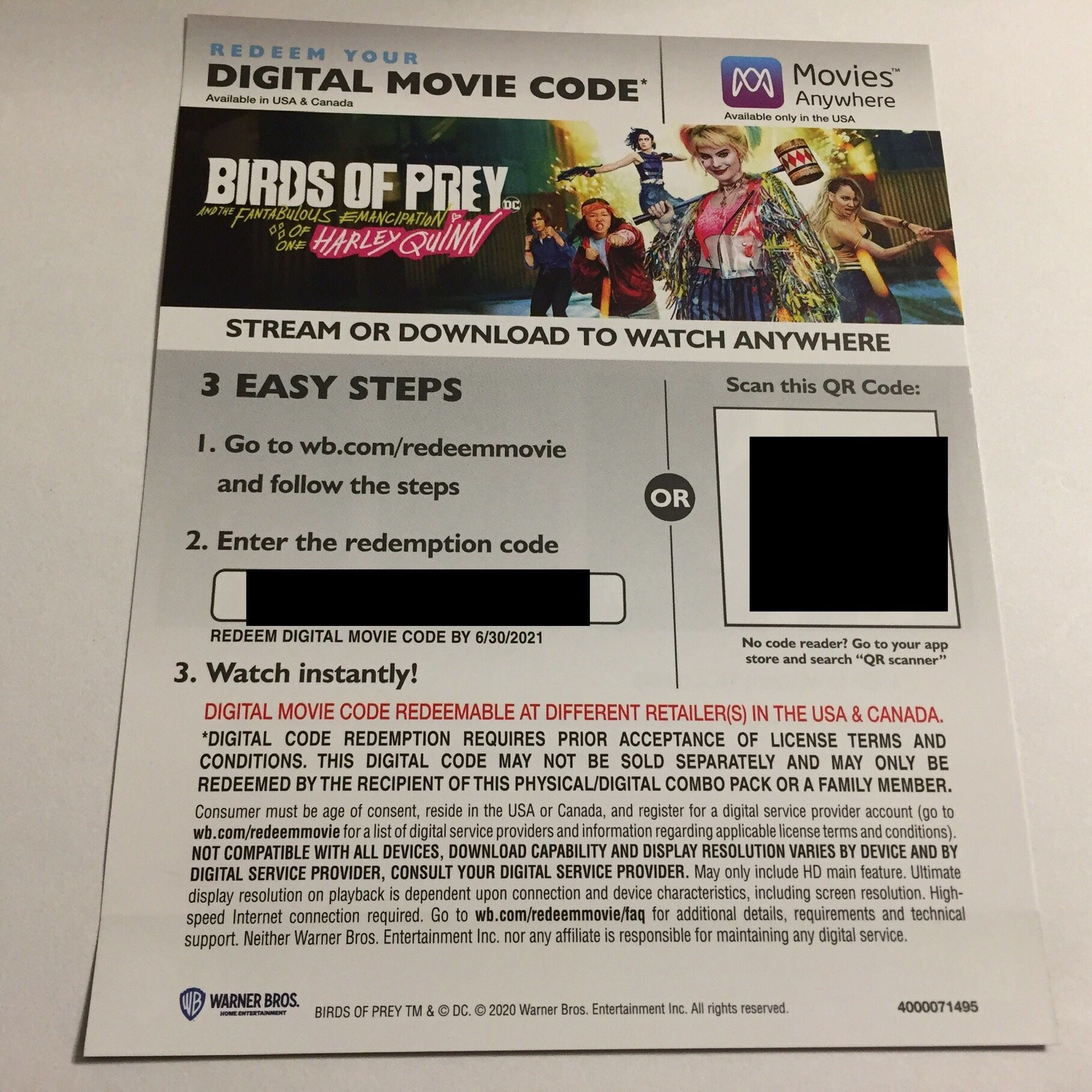 DC Birds of Prey Harley Quinn Digital Movie Redemption Code