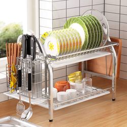 1Easylife Stainless Steel Dish Drying Rack, 2 Tier with Utensil Knife Holder and Cutting Board Holder, Large Capacity Kitchen Counter Organizer Storag