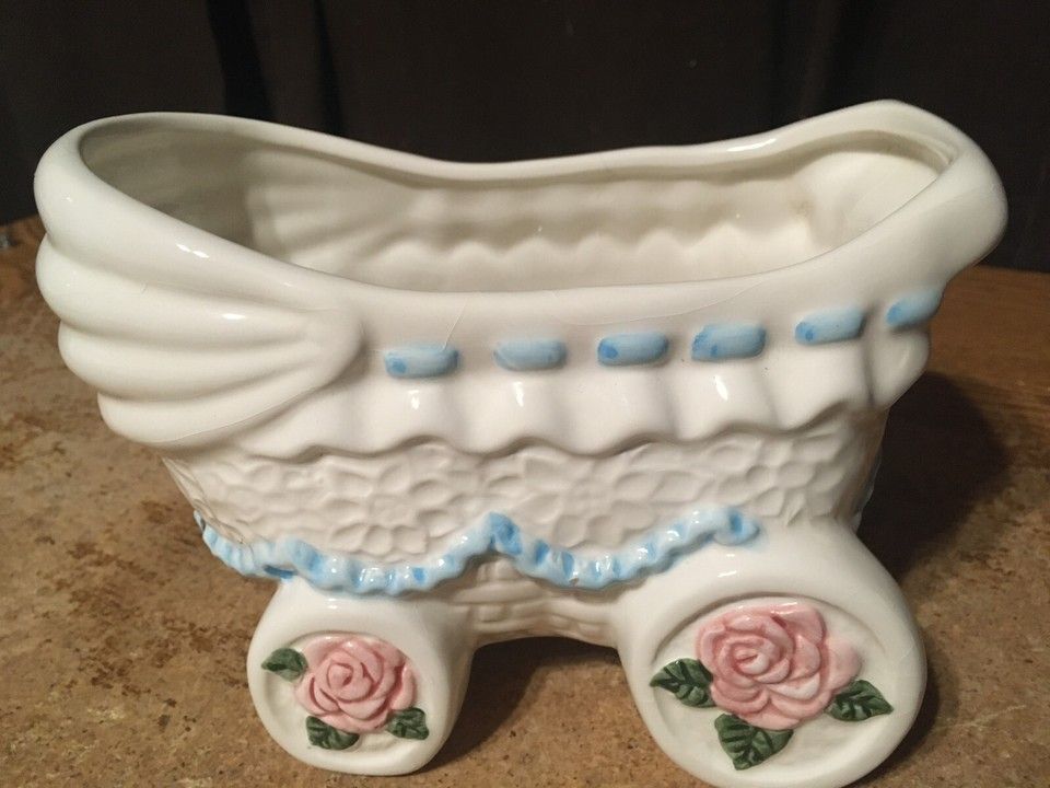 Planter Baby Carriage It's A Boy Gift Stroller Ceramic Vintage Roses Giftwares