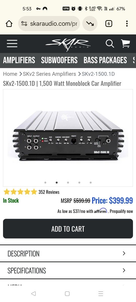 SKv2-1500.1D | 1,500 Watt Monoblock Car Amplifier