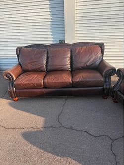 Pair of Brown Leather Nailhead Trim Sofas