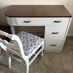 Solid wood Vintage Gray desk & Upholstered Chair Lots Of Storage