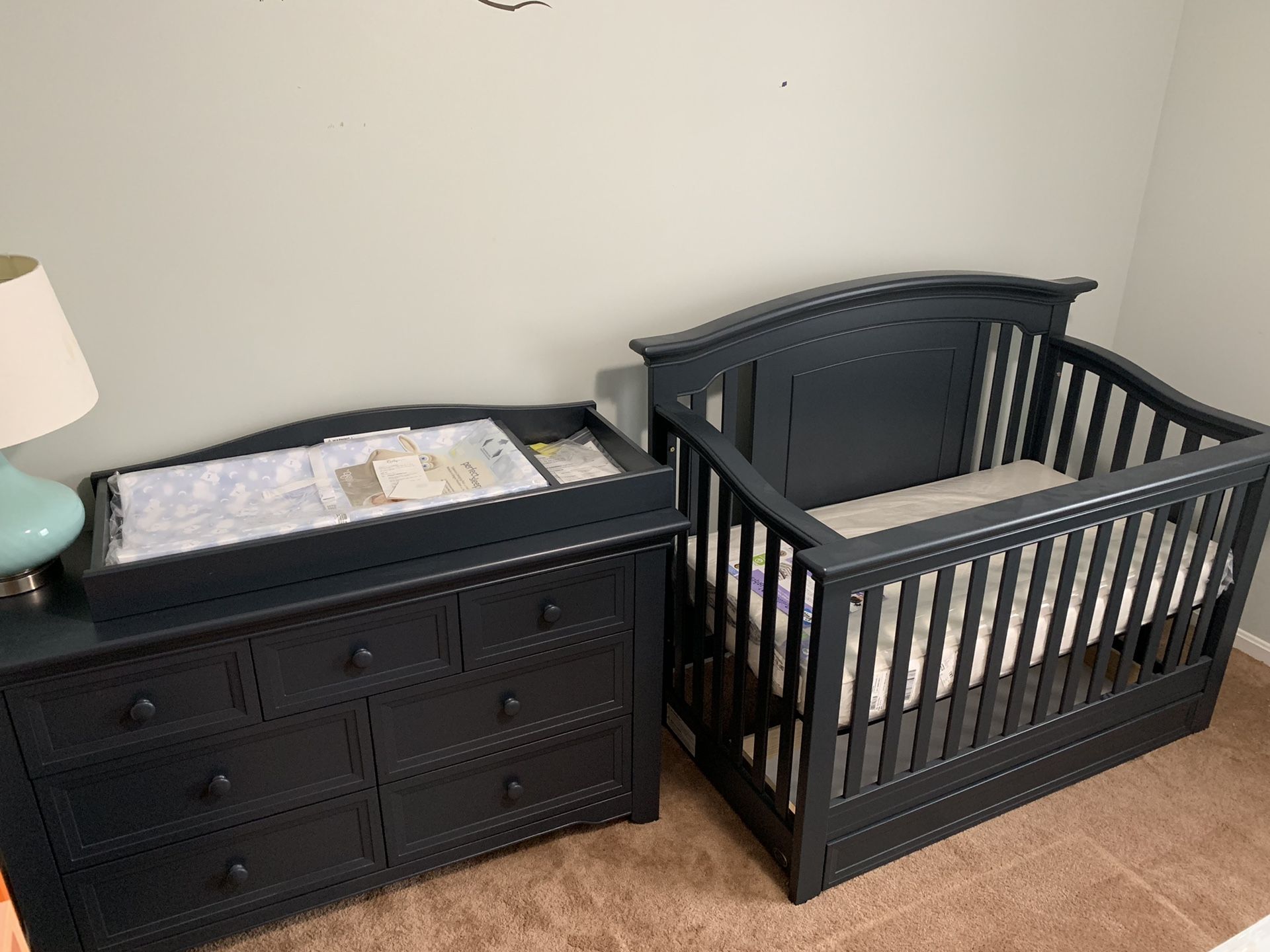 Cache Harbor – Navy Mist – 7 Drawer Dresser w/ changing table top, crib, and conversion kit