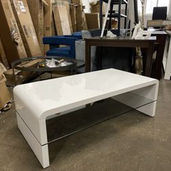 Rectangular Coffee Table with Glass Shelf and Waterfall Edges - 47 Inch - White