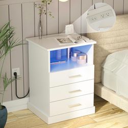 White Nightstand with Built-in Outlets & LED Light
