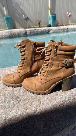 Tan Lace-Up Heeled Combat Boots