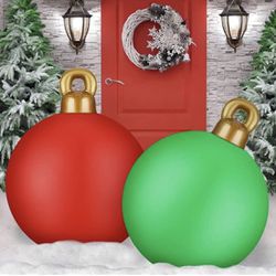 2 Pieces 24 Inch Giant Christmas PVC Inflatable Decorated Ball Ornaments Xmas Blow up Ball Decorations for Holiday Yard Lawn Porch Pool Tree Decor Ind