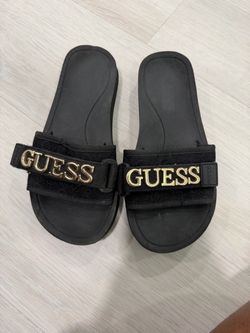 GUESS Black Platform Slide Sandals with Gold Logo Hardware