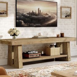 JW1255 2-Tier Solid Wood TV Stand with Storage Shelves, Entertainment Center Television Console for 75-Inch TVs Living Room Bedroom