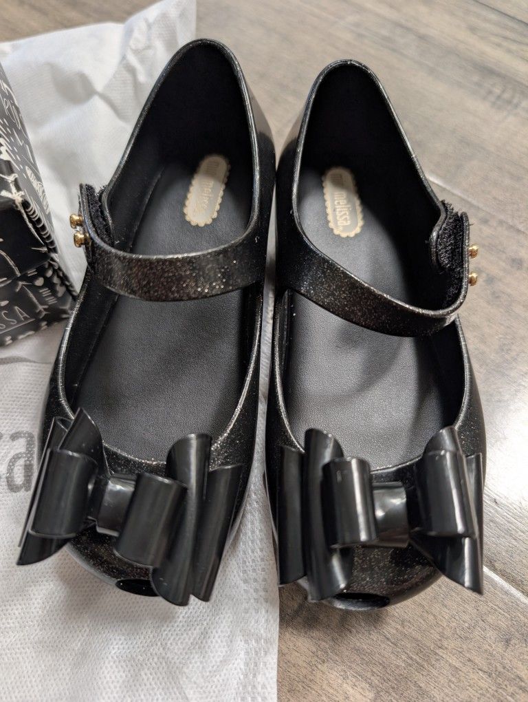 Mini Melissa Black Glitter Bow Shoes New USA 10 