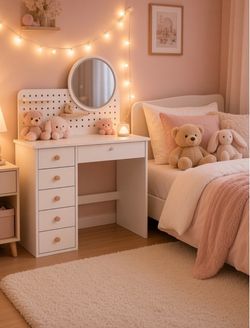 Vanity Desk with Mirror and Lights, Adjustable Color Lighting Bedroom Dresser