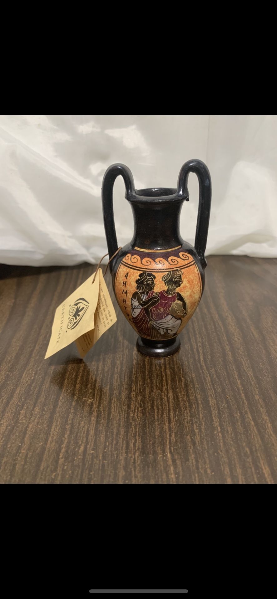 Hand Painted Greek Amphora Vase 4” Nina Ceramic Athens Greece w/Certificate Mini